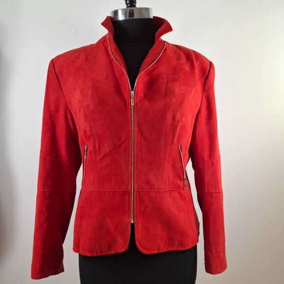Peplum Crop Sz 16P Conrad C Proportion Petite Red Suede Blazer Jacket Zip Lined - Picture 10 of 15